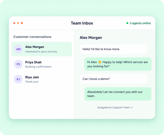 WhatsApp team inbox with three agents online